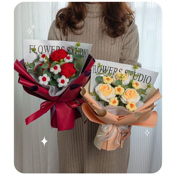 Red Crochet Flower Bouquet Roses LED Wedding Birthday Gift for Mom Girlfriend - Picture 2 of 4